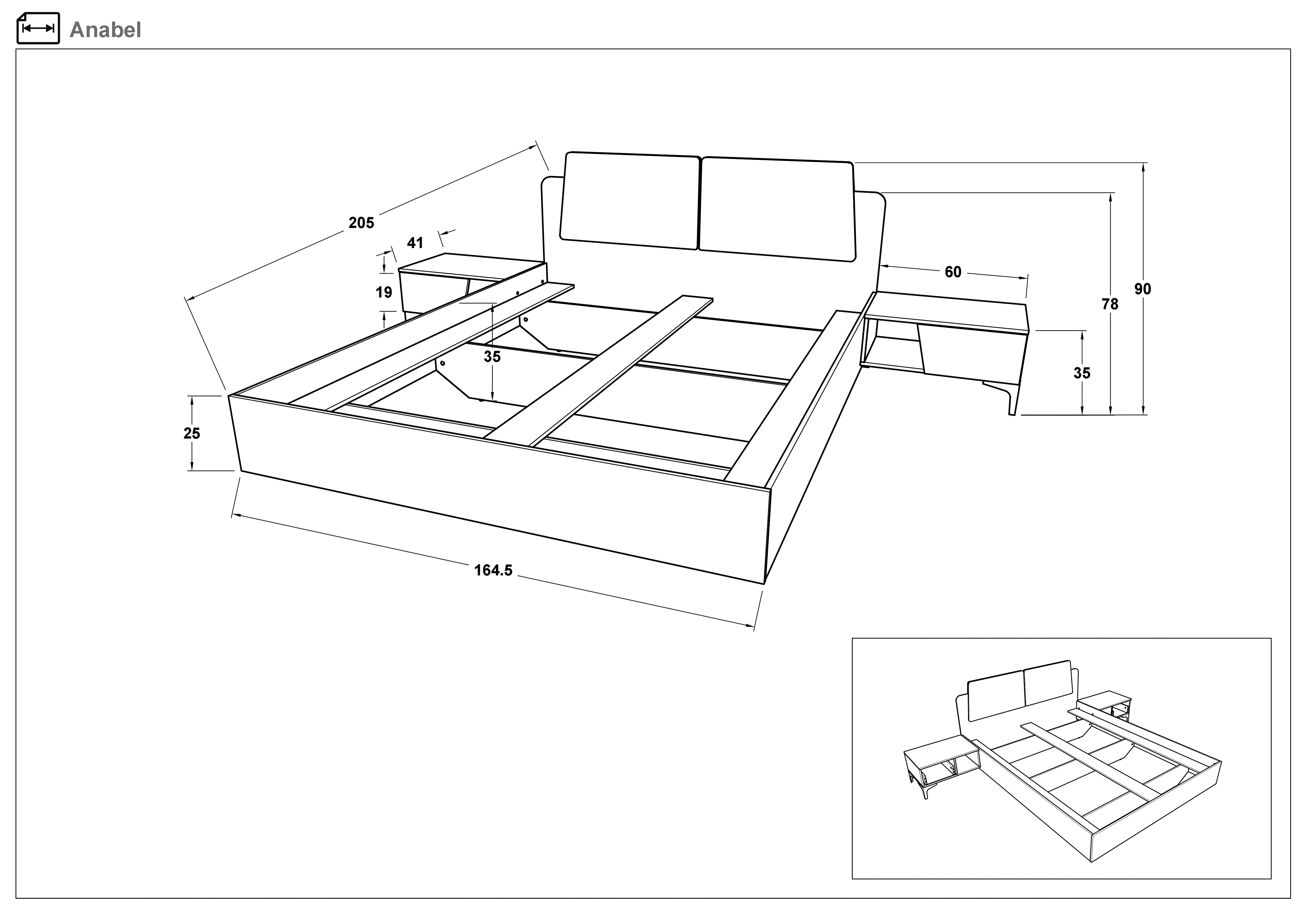 Bedroom Anabel + 2 night stands, Annabelle, 160/200, Anthracite oak ...