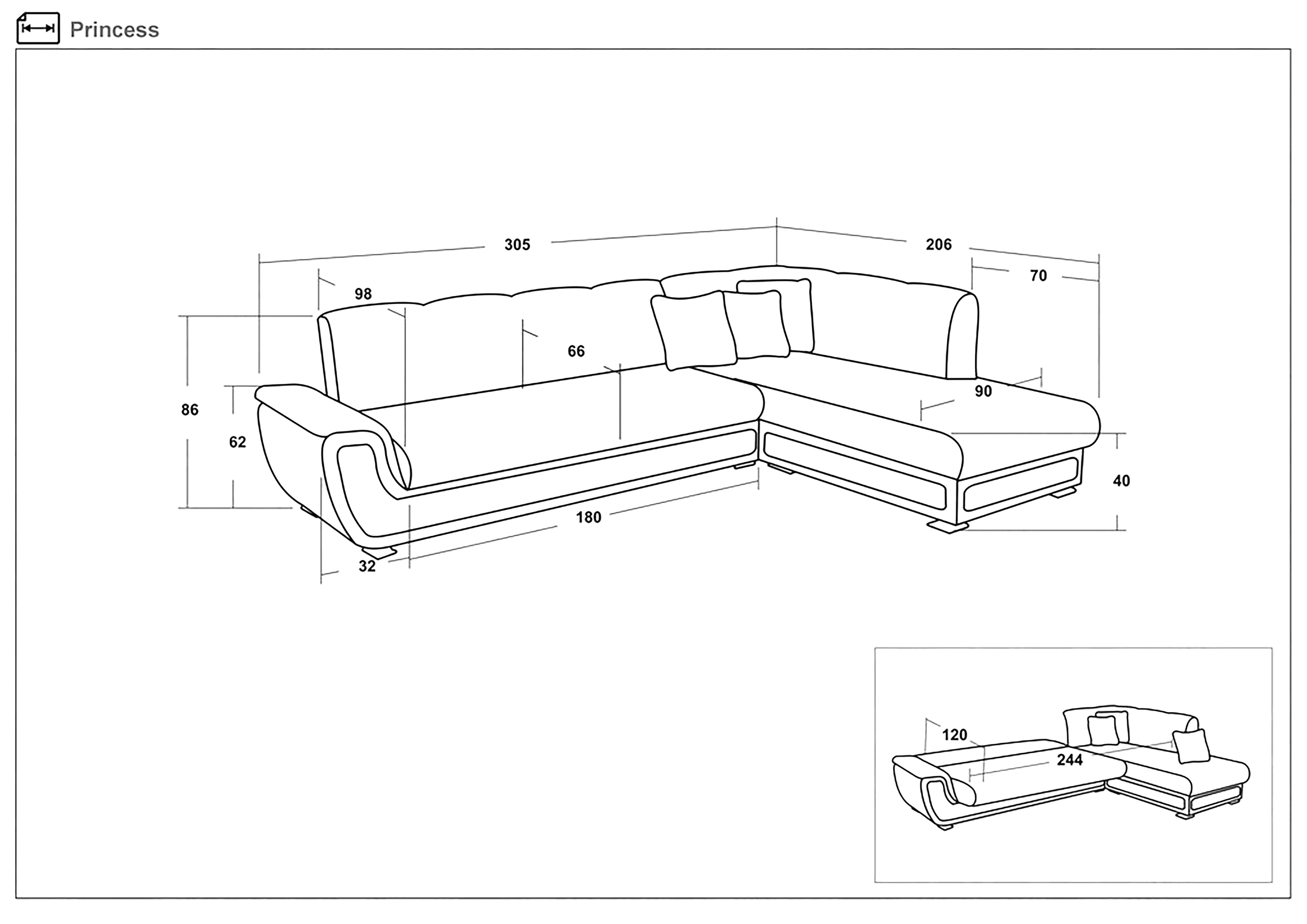 Sofa Princess II + click- clack mechanism, Princess ΙΙ, black + white ...